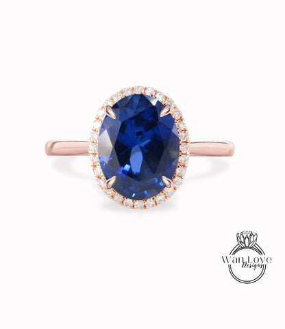 Oval cut Blue Sapphire engagement ring rose gold halo ring diamond halo tapered plain thin dainty band art deco anniversary promise ring