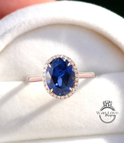 Oval cut Blue Sapphire engagement ring rose gold halo ring diamond halo tapered plain thin dainty band art deco anniversary promise ring