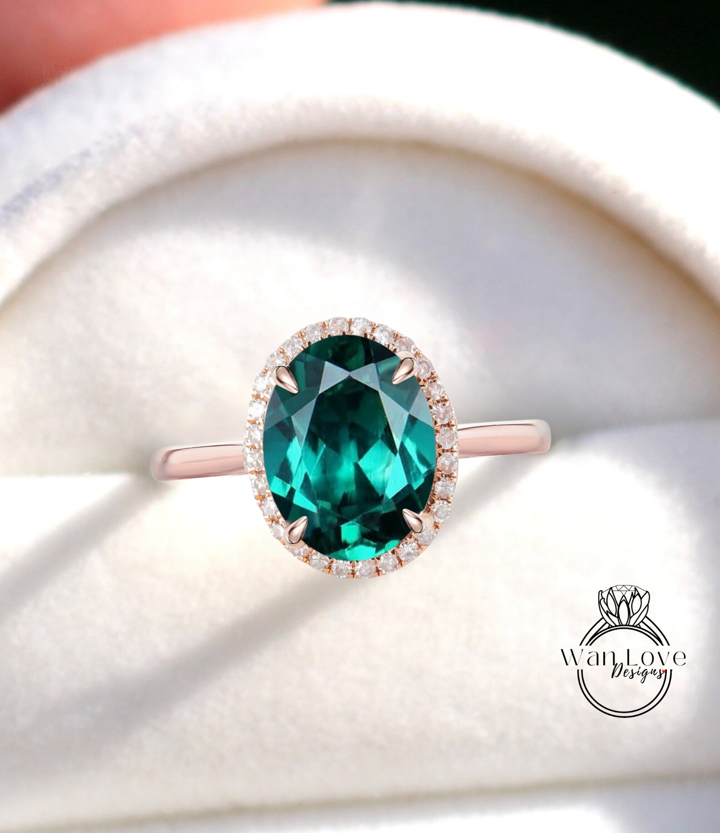 Oval cut Emerald engagement ring rose gold halo ring diamond halo tapered plain thin dainty band art deco anniversary promise ring