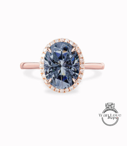 Oval halo Moissanite diamond Engagement Ring, Vintage 14K 18K Rose Gold Art Deco Oval Gray moissanite diamond halo ring, wedding Bridal ring