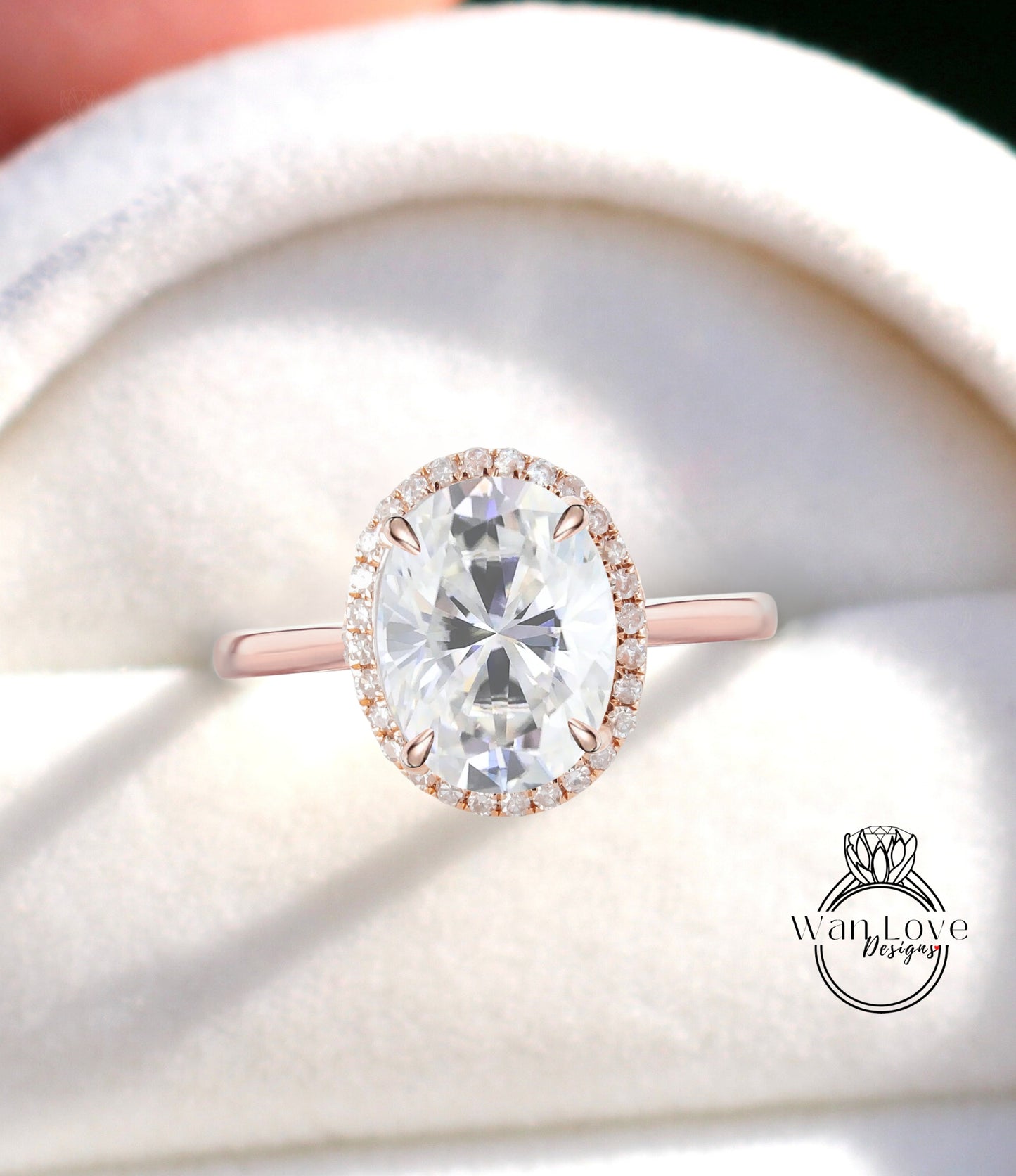 Oval cut Moissanite engagement ring rose gold halo ring diamond halo tapered plain thin dainty band art deco anniversary promise ring