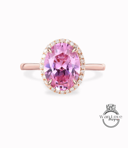 Anello di fidanzamento con zaffiro rosa taglio ovale anello in oro rosa con alone di diamanti anello di promessa anniversario in stile art deco affusolato semplice sottile e delicato