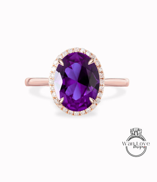 Anello di fidanzamento in oro rosa con zaffiro viola e alessandrite con taglio ovale, anello di fidanzamento in oro rosa con diamanti, anello di promessa art deco con fascia sottile e sottile affusolata