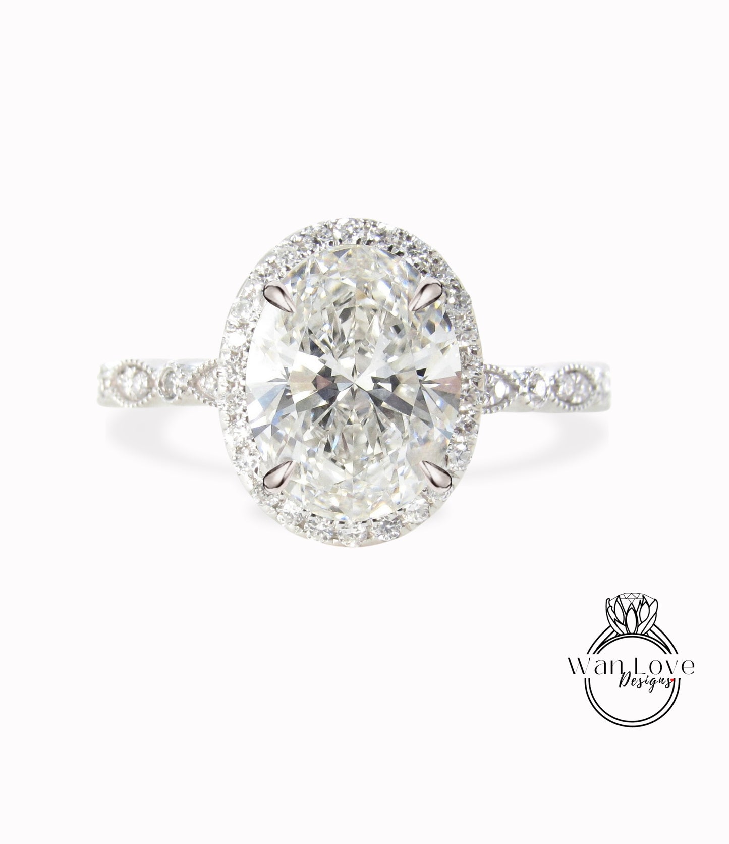 Diamond Halo engagement ring oval cut ring Scalloped milgrain lab diamond prong ring wedding Bridal promise art deco 14K/18K white gold Anniversary Gift