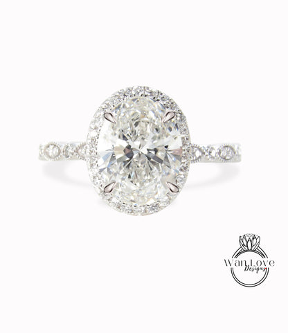 Diamond Halo engagement ring oval cut ring Scalloped milgrain lab diamond prong ring wedding Bridal promise art deco 14K/18K white gold Anniversary Gift