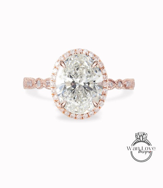 Diamond Halo engagement ring oval cut ring Scalloped milgrain lab diamond prong ring wedding Bridal promise art deco 14K/18K white gold Anniversary Gift