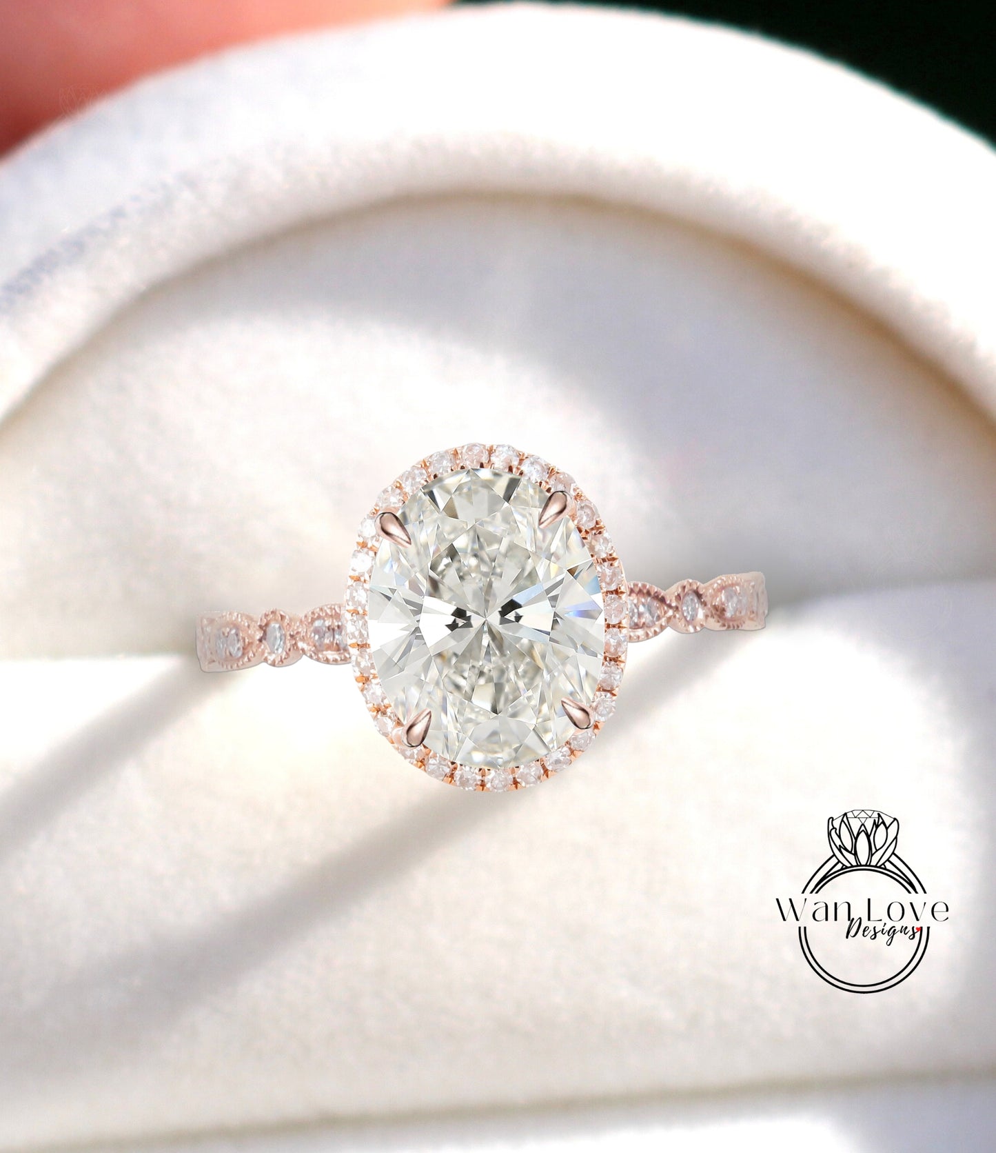 Diamond Halo engagement ring oval cut ring Scalloped milgrain lab diamond prong ring wedding Bridal promise art deco 14K/18K white gold Anniversary Gift