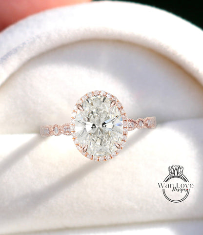 Diamond Halo engagement ring oval cut ring Scalloped milgrain lab diamond prong ring wedding Bridal promise art deco 14K/18K white gold Anniversary Gift