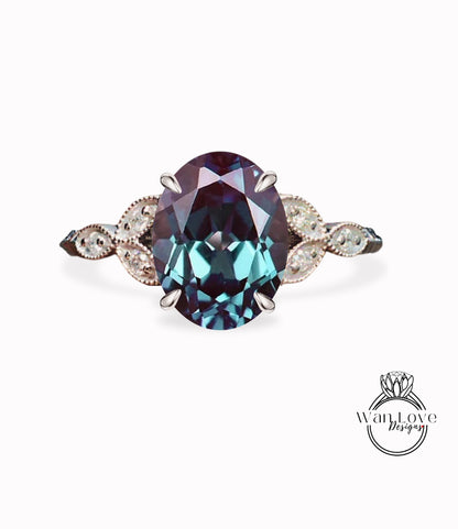 Alexandrite & Diamond Oval Leaf Antique Cluster Engagement Ring Milgrain or Smooth 14kt 18kt Solid Gold Platinum Custom Wedding Anniversary