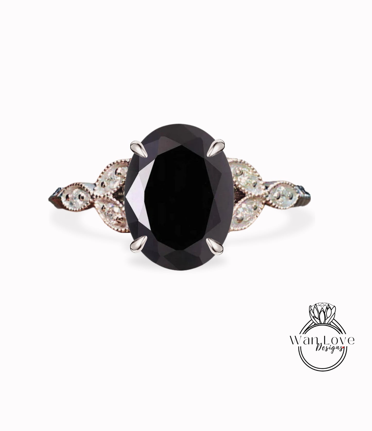 Anello di fidanzamento a grappolo antico con foglia ovale con spinello nero e diamante bianco Milgrain o liscio in oro 14kt 18kt, platino, anniversario di matrimonio personalizzato