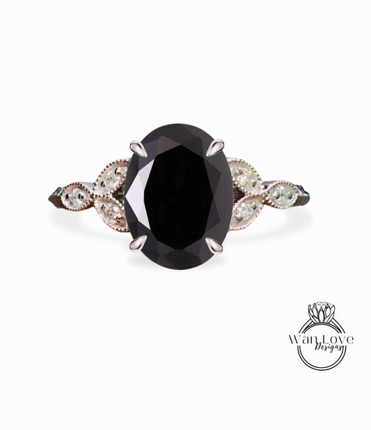 Vintage Oval cut Black Moissanite Engagement ring Art Deco rose gold ring unique antique cluster diamond wedding bridal ring Promise ring