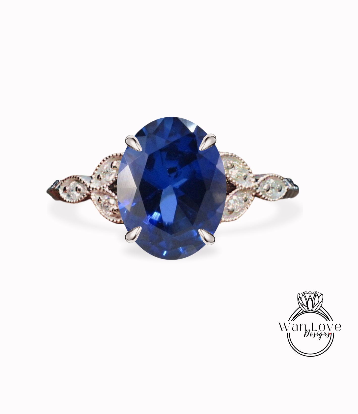 Blue Sapphire Diamond Oval Leaf Antique Cluster Engagement Ring Milgrain or Smooth 14kt 18kt Gold Platinum Custom Wedding Anniversary