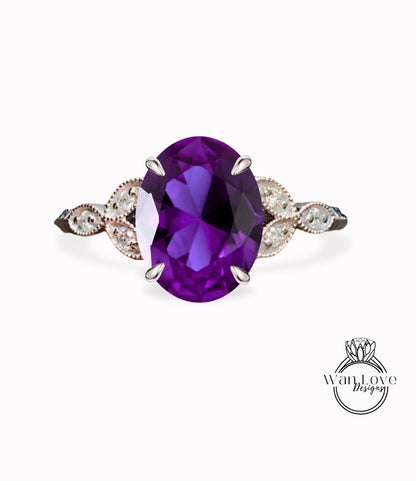 Purple Sapphire Alexandrite Color Diamond Oval Leaf Antique Cluster Engagement Ring Engraved Milgrain or Smooth 14k 18k Gold Custom Wedding