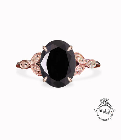 Anello di fidanzamento a grappolo antico con foglia ovale con spinello nero e diamante bianco Milgrain o liscio in oro 14kt 18kt, platino, anniversario di matrimonio personalizzato