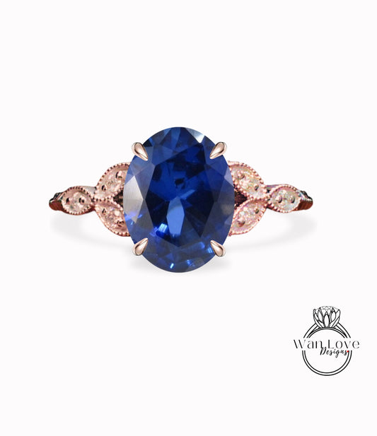 Anello di fidanzamento a grappolo antico con foglia ovale con diamante blu zaffiro Milgrain o liscio 14kt 18kt oro platino anniversario di matrimonio personalizzato