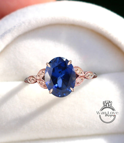 Blue Sapphire Diamond Oval Leaf Antique Cluster Engagement Ring Milgrain or Smooth 14kt 18kt Gold Platinum Custom Wedding Anniversary