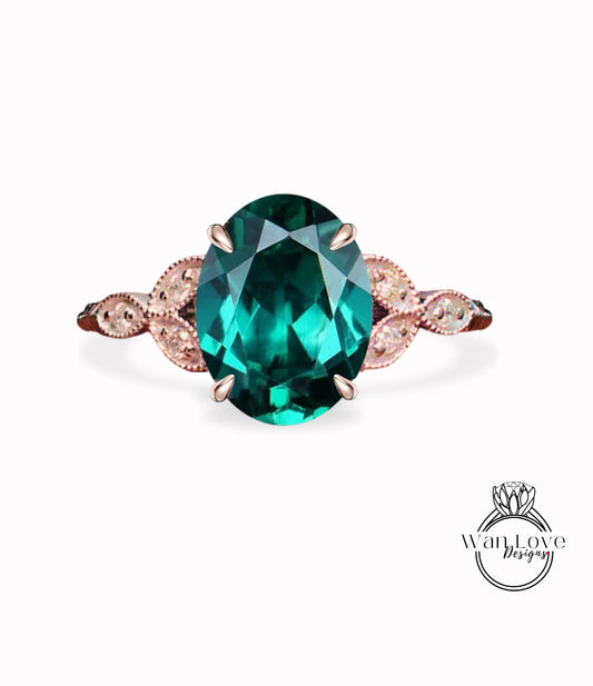 Emerald & Diamond Oval Leaf Antique Cluster Engagement Ring Engraved Milgrain or Smooth 14kt 18kt Gold Platinum Custom Wedding Anniversary