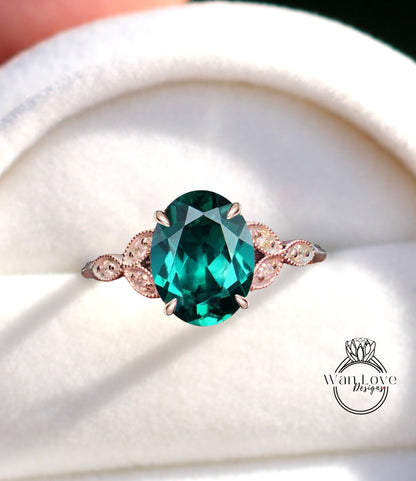 Anello di fidanzamento aureola ovale milgrain in oro 14k con diamante smeraldo, anello di fidanzamento in oro smeraldo, anello milgrain in oro, ispirato vintage