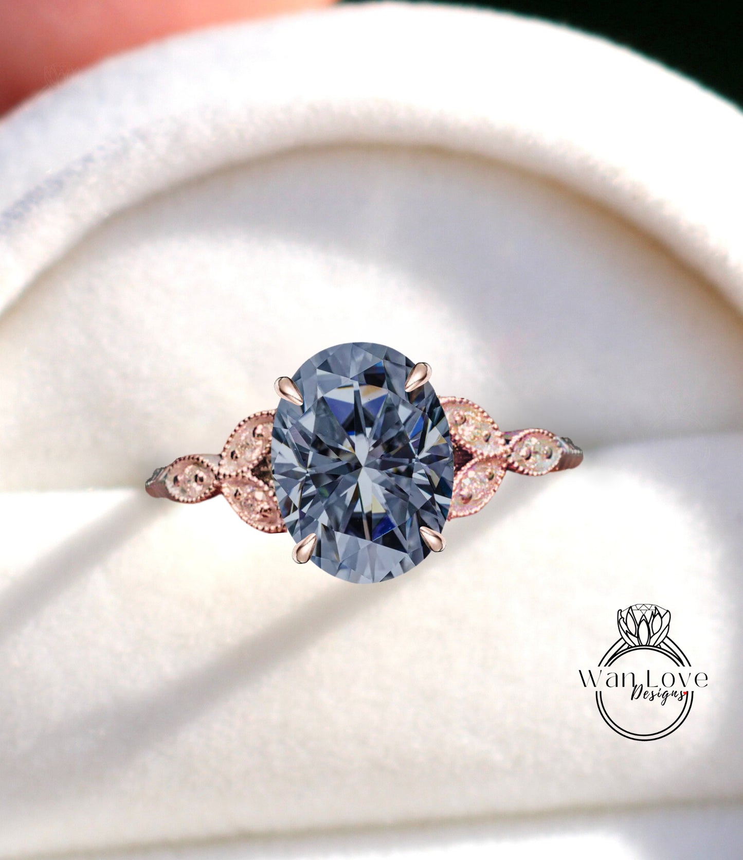 Vintage Oval cut Grey Moissanite Engagement ring Art Deco rose gold ring unique antique cluster diamond wedding bridal ring Promise ring