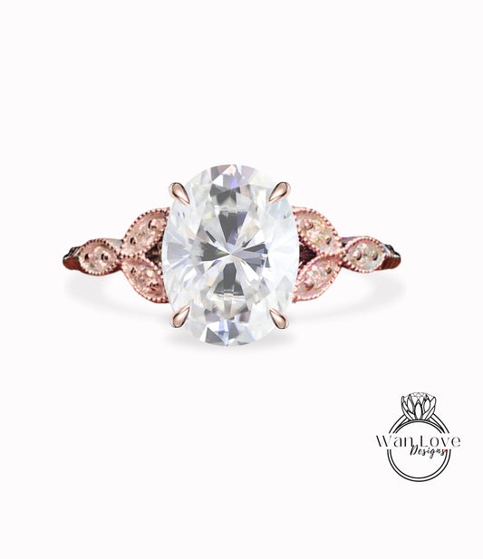 Anello di fidanzamento Moissanite vintage con taglio ovale Anello in oro rosa Art Déco unico antico grappolo con diamanti anniversario di matrimonio Anello di promessa