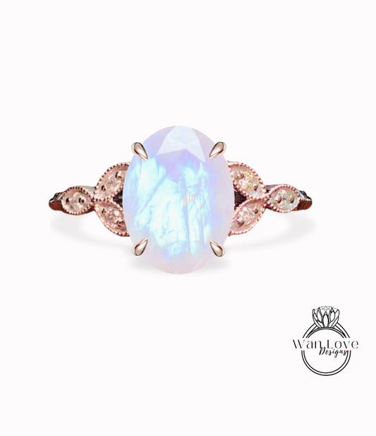 Moonstone & Diamond Oval Leaf Antique Cluster Engagement Ring Engraved Milgrain or Smooth 14kt 18kt Gold Platinum Custom Wedding