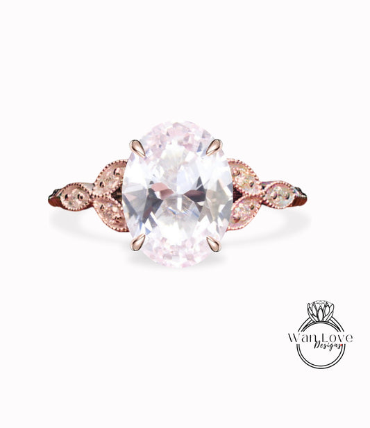 Light Pink Sapphire & Diamond Engraved Oval Leaf Antique Cluster Engagement Ring Milgrain or Smooth 14kt 18kt Gold Platinum Custom Wedding