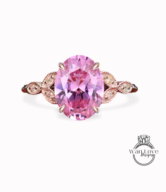 Anello di fidanzamento a grappolo antico con foglia ovale con zaffiro rosa e diamante inciso Milgrain o liscio in oro 14kt 18kt, platino, matrimonio personalizzato