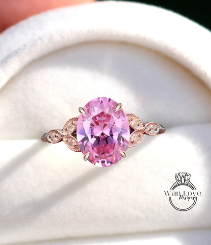 Anello di fidanzamento a grappolo antico con foglia ovale con zaffiro rosa e diamante inciso Milgrain o liscio in oro 14kt 18kt, platino, matrimonio personalizzato