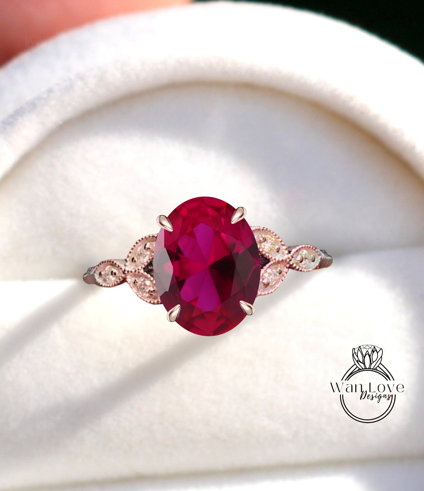 Ruby & Diamond Oval Leaf Antique Cluster Engagement Ring Engraved Milgrain or Smooth 14kt 18kt Gold Platinum Custom Wedding Anniversary