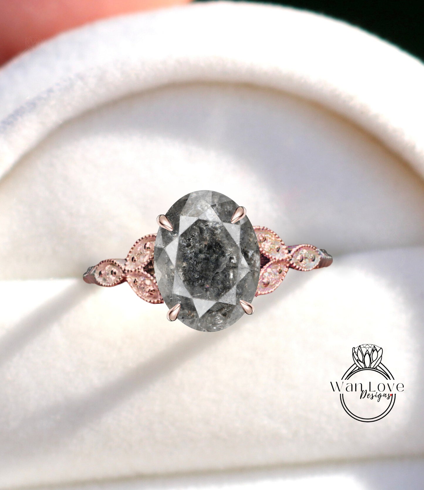 Salt & Pepper Diamond Oval Leaf Antique Cluster Milgrain or Smooth Engagement Ring 14kt 18kt Solid Gold Platinum Custom Wedding Gift