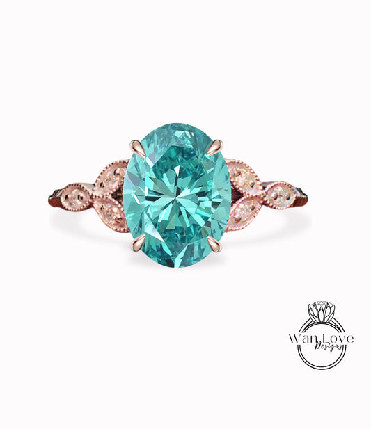Blue Moissanite & Diamond Oval Leaf Antique Cluster Engagement Ring Engraved Milgrain or Smooth 14kt 18kt Gold Platinum Custom Wedding
