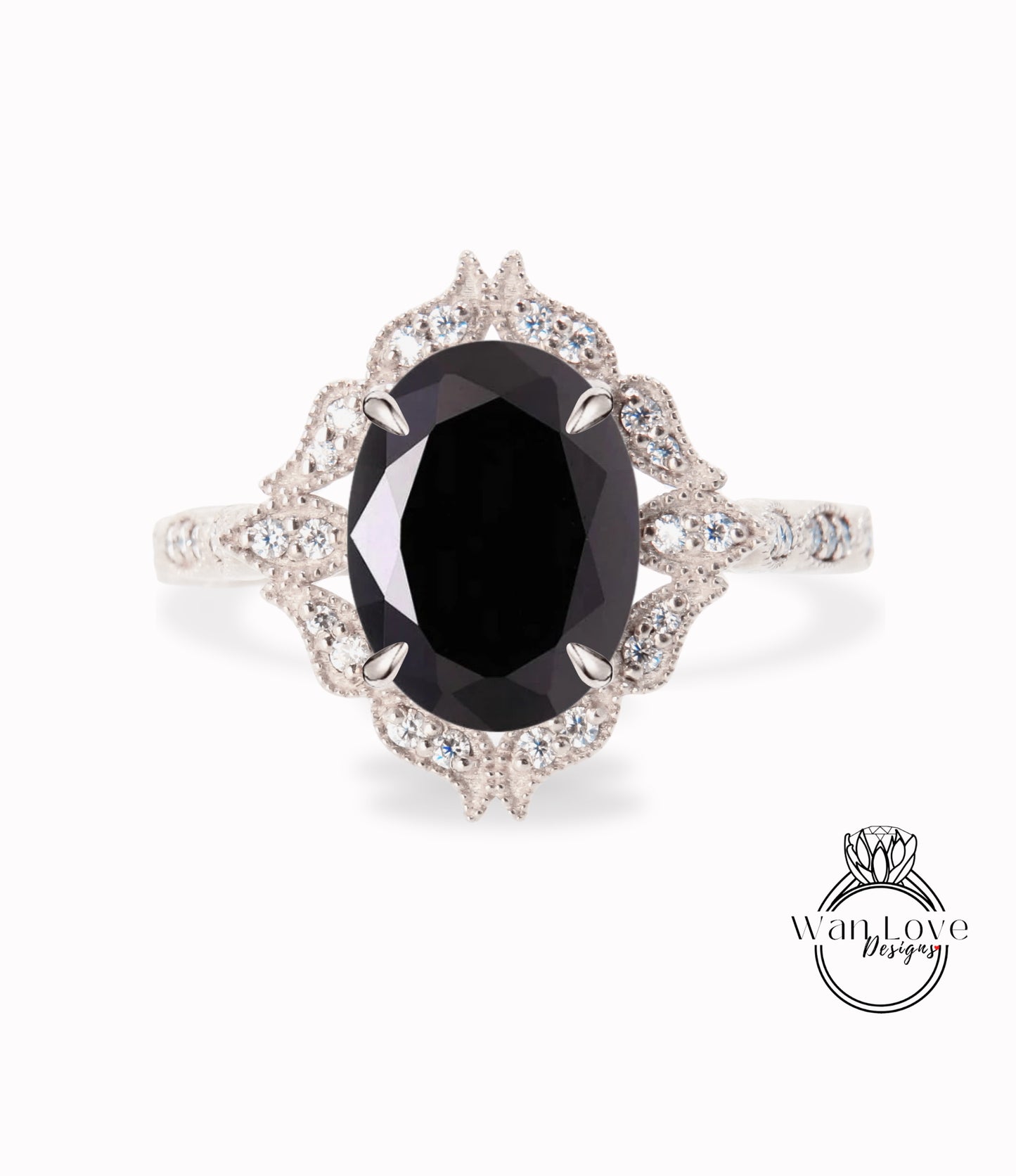 Anello ovale e diamante con zaffiro nero naturale, Anello con zaffiro con diamante floreale, Anello ovale Milgrain, Anello di fidanzamento nero, Personalizzato, WanLoveDesigns