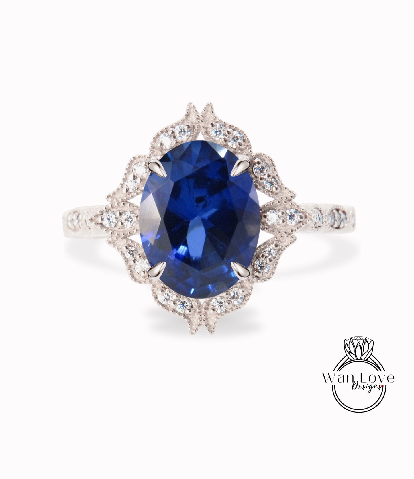 Anello ovale con diamante zaffiro blu, anello floreale con diamante con zaffiro, anello Milgrain con zaffiro, anello nuziale anniversario anello di fidanzamento blu