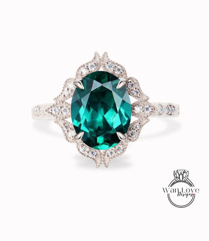 Anello ovale e diamante smeraldo, Anello di diamante floreale con smeraldo, Anello Milgrain smeraldo, Anello di fidanzamento verde, Personalizzato, WanLoveDesigns