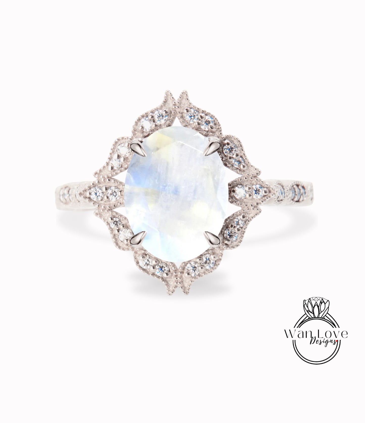 Anello di diamante ovale in pietra di luna, Anello di diamante floreale con pietra di luna, Anello Milgrain in pietra di luna, Anello di fidanzamento Flash blu, Personalizzato,WanLoveDesigns