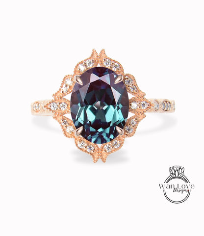 Oval Alexandrite Diamond Ring, Floral Diamond Ring with Alexandrite, Alexandrite Milgrain Ring, Color Change Engagement Ring, Custom