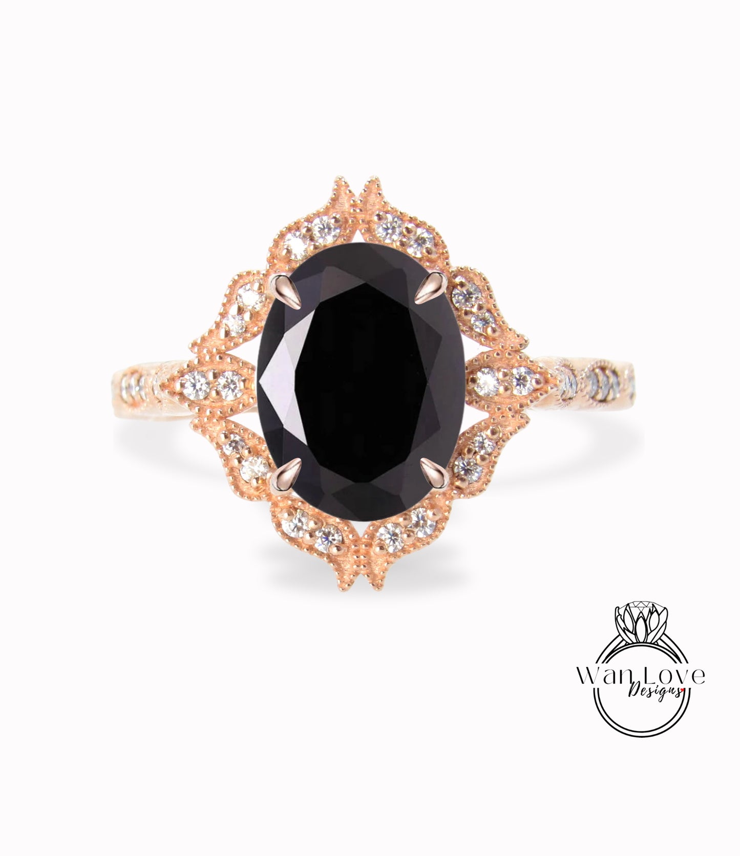 Anello ovale e diamante con zaffiro nero naturale, Anello con zaffiro con diamante floreale, Anello ovale Milgrain, Anello di fidanzamento nero, Personalizzato, WanLoveDesigns