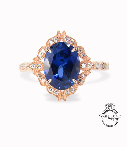 Anello ovale con diamante zaffiro blu, anello floreale con diamante con zaffiro, anello Milgrain con zaffiro, anello nuziale anniversario anello di fidanzamento blu