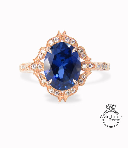 Oval Blue Sapphire Diamond Ring, Floral Diamond Ring with Sapphire, Sapphire Milgrain Ring, Blue Engagement Ring anniversary bridal ring