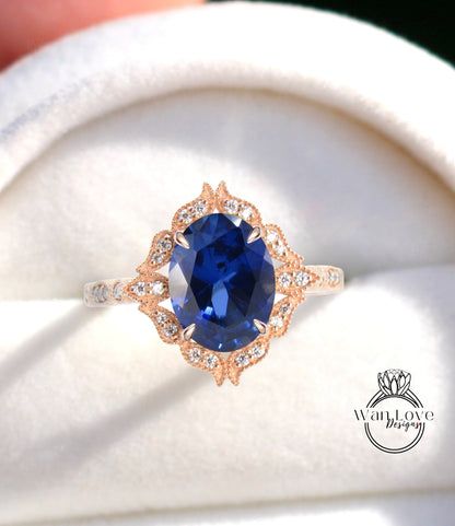 Anello ovale con diamante zaffiro blu, anello floreale con diamante con zaffiro, anello Milgrain con zaffiro, anello nuziale anniversario anello di fidanzamento blu