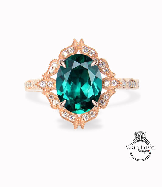 Anello ovale e diamante smeraldo, Anello di diamante floreale con smeraldo, Anello Milgrain smeraldo, Anello di fidanzamento verde, Personalizzato, WanLoveDesigns