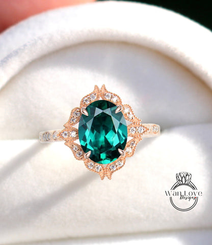 Emerald Oval & Diamond Ring, Floral Diamond Ring with Emerald, Emerald Milgrain Ring, Green Engagement Ring, Custom, WanLoveDesigns