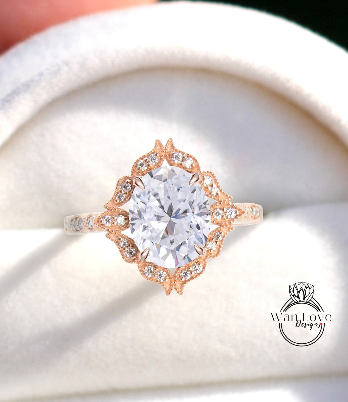 Moissanite Oval & Diamond Ring, Floral Diamond Moissanite Ring, Oval Milgrain Ring, Moissanite Engagement Ring, Custom, WanLoveDesigns