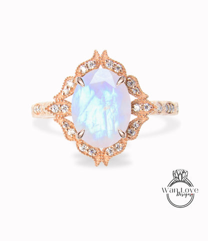 Anello di diamante ovale in pietra di luna, Anello di diamante floreale con pietra di luna, Anello Milgrain in pietra di luna, Anello di fidanzamento Flash blu, Personalizzato,WanLoveDesigns