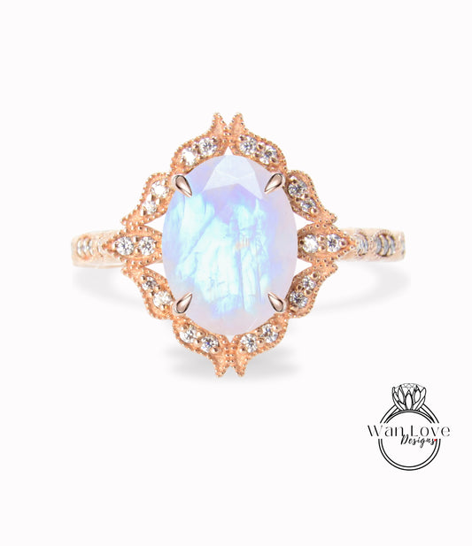 Moonstone Oval Diamond Ring, Floral Diamond Ring with Moonstone, Moon stone Milgrain Ring, Blue Flash Engagement Ring, Custom,WanLoveDesigns