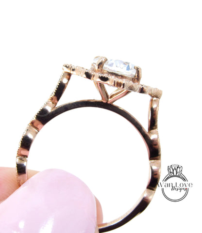 Anello di fidanzamento Moissanite blu ovale vintage milgrain Anello in oro rosa Art Déco unico anello da sposa con diamante antico halo Anello di promessa