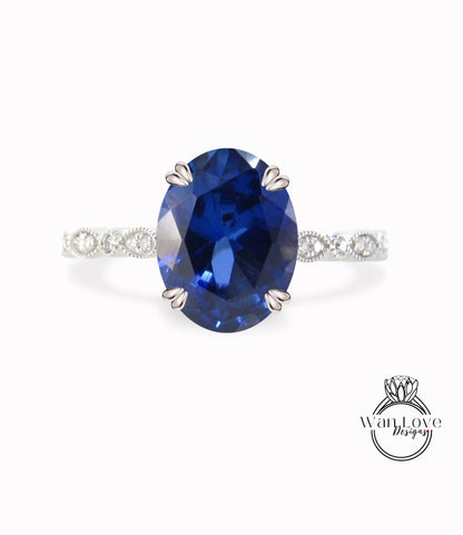 Anello di fidanzamento vintage con zaffiro blu taglio ovale Anello in oro rosa Art deco Diamond Milgrain antico anello di promessa di anniversario nuziale