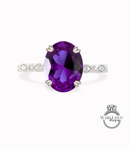 Fedi nuziali di fidanzamento vintage con zaffiro viola e alessandrite Art deco milgrain 14K 18K Anello nuziale in oro rosa ovale con diamante moissanite