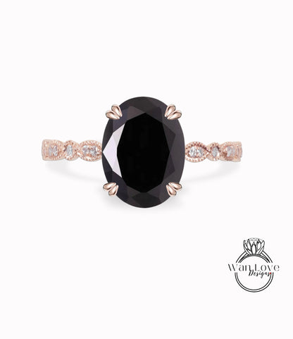 Anello di fidanzamento vintage con spinello nero a taglio ovale Anello in oro rosa Anello di promessa con diamante Art deco Milgrain antico matrimonio Anello anniversario nuziale