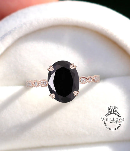 Anello di fidanzamento vintage con spinello nero a taglio ovale Anello in oro rosa Anello di promessa con diamante Art deco Milgrain antico matrimonio Anello anniversario nuziale